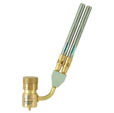 The image shows a handheld propane torch, specifically a "TurboTorch" model featuring two parallel torch tips. This type of tool is commonly used for welding, brazing, or soldering. It has a brass body and adjustable flame control. Turbotorch STK-11 Doubl