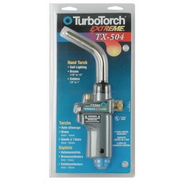 The image shows the packaging of a TurboTorch Extreme TX-504, a handheld torch tool. The packaging is predominantly blue with white and yellow text. At the top, the brand name "TurboTorch" is displayed in a circular logo, followed by "EXTREME" in bold red