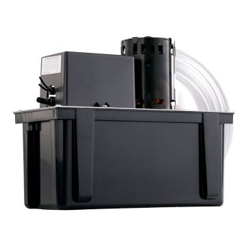 Little Giant VCL-24S Condensate Removal Pump with a black ABS plastic tank, stainless steel motor shaft, and attached 3/8" I.D. vinyl tubing for discharge, designed for efficient condensate removal in HVAC systems.