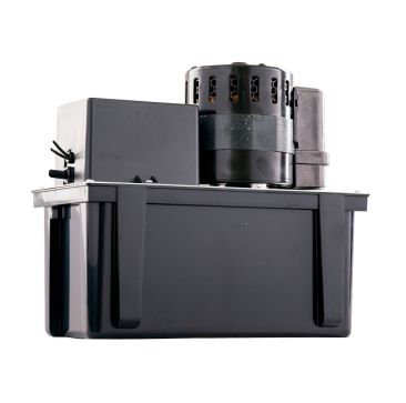 Little Giant VCL-45ULS Condensate Pump, a black rectangular unit with a 1-gallon ABS tank, featuring a cylindrical motor with ventilation slots on top, a stainless steel motor shaft, and a safety switch with lead wires, designed for efficient condensate r