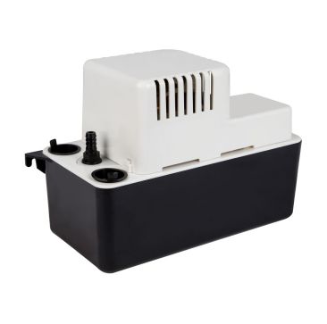 Little Giant VCMA20S Condensate Removal Tank Pump 554471 with a black ABS tank, white top, three 1" inlets, and a 3/8" barbed check valve against a white background.