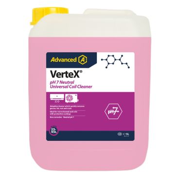 A white plastic container with a yellow cap holds 25 litres of Advanced Vertex pH 7 Neutral Universal Coil Cleaner. The label features a purple and white design with text describing the product as a non-corrosive cleaner for microchannel and coils, effect