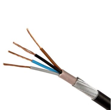 A black electrical cable with its outer insulation partially removed, revealing four inner wires with different colored insulation (blue, grey, black, and brown) and a bare copper ground wire. The cable also has a braided metal shield beneath the outer in