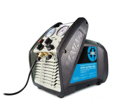 A JAVAC XTR-Ultra A2L vacuum pump with a black and grey body and a blue label on the right side reading "JAVAC XTR-Ultra A2L" in white text, with smaller text below indicating "Lightweight - 8.4KG" and "Ultimate Vacuum 15 Micron." The JAVAC logo, in blue 