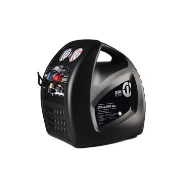 A black, portable vacuum pump labelled "JAVAC XTR-ALTIMA A2L" with a sleek, rounded design and a sturdy top handle. The front features two analogue pressure gauges with white faces and black markings, positioned side by side, and several control knobs, in