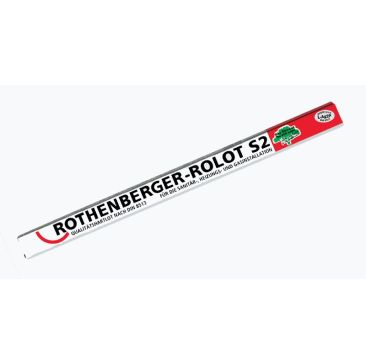 A white and red cylindrical tool with black and green text that reads "ROTHENBERGER-ROLOT S2 QUALITÄTSHARTLOT NACH DIN 8513 FÜR DIE SANITÄR-, HEIZUNGS- UND GASINSTALLATION." The tool has a green tree logo and a red label with "ÖKO L-AG2P" written on it. T