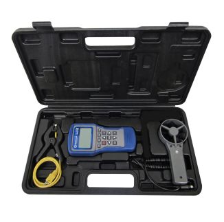 Mastercool 52255 A/C System Analyser kit in an open hard carrying case, including the blue and grey analyser with LCD display, a round vane anemometer with a coiled cable, a clamp-on thermocouple with yellow leads, and a pressure transducer with a black c