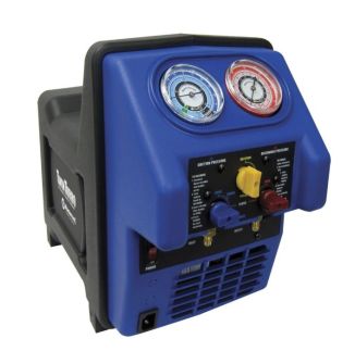A blue and black Mastercool 69300-220 Twin Turbo Refrigerant Recovery System with a digital control panel, featuring two pressure gauges (suction and discharge), a yellow control knob, blue and red valves, and a power switch. The unit has a sturdy HDPE ca