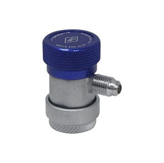 Blue Mastercool R134a Manual Coupler has a metallic body, a threaded side connector, and a knurled base for secure connection to air conditioning service ports.