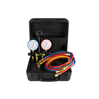 Javac 2 Valve Manifold R410A/R32, 3 x 72 x 1/4-5/16 inch Hoses, Case, Sight Glass