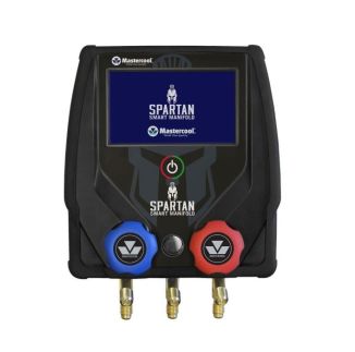 Mastercool 99926-BT Spartan 2-Way Smart Manifold, a black HVAC diagnostic tool with a 4.3&rdquo; colour touchscreen LCD displaying 'Spartan Smart Manifold' and the Mastercool logo, featuring a green power button, blue and red valve knobs with the Mastercool log