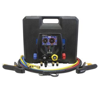 Mastercool Spartan 4-Way Smart Manifold 99943-BT with Bluetooth, including digital display, blue, red, and yellow hoses, K-type thermocouple clamps, and a black carrying case, ideal for HVAC diagnostics on airconspares.com.