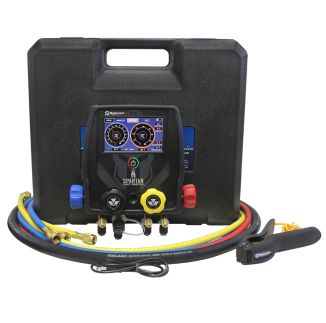A Mastercool Spartan 4-Way Smart Manifold is displayed in front of its black plastic carrying case. The manifold features a digital touchscreen showing pressure and temperature readings, with blue, red, yellow, and black knobs and fittings. Included acces