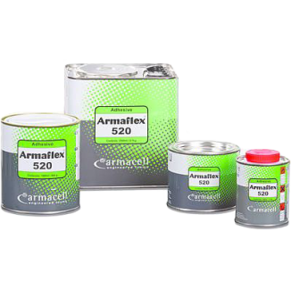 Four cans of Armaflex 520 Adhesive in various sizes (0.25L, 0.5L, 1.0L, and 2.5L) are displayed against a white background. The cans feature the Armacell logo and "Armaflex 520" branding on green and white labels, showcasing their range for bonding pipe i