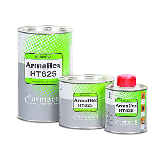 Three cans of Armaflex HT625 adhesive in different sizes are displayed against a white background. The largest can on the left is 1.0L, the middle can is 0.5L, and the smallest can on the right is 0.25L, all featuring the Armacell logo and product name "A
