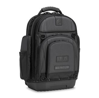 A black Veto Pro Pac EDC PAC LCB Carbon everyday carry backpack with a rugged design, featuring a sturdy handle, multiple pockets, and a waterproof base with 5" wheels. Includes a trolley system and carbon finish, ideal for HVAC/R professionals.