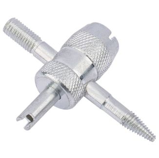 A silver metal tyre valve core tool with a knurled hexagonal handle, threaded shafts extending from both ends, and a slotted tip on one side for removing valve cores.