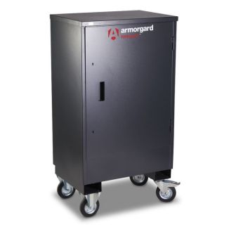 Armorgard FittingStor FC2 mobile storage cabinet in Black Grey (RAL 7021), featuring a sturdy steel construction with a powder-coated finish, four heavy-duty castors (two with brakes) for mobility, and a secure door with a 5-lever deadlock system. The cab