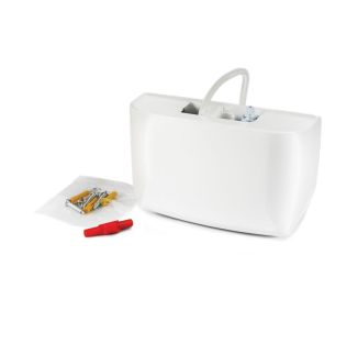 Mini Blanc FP1080/2 Condensate Pump with white housing, attached tube, and included accessories, including screws, wall plugs, and a red connector, isolated on a white background.