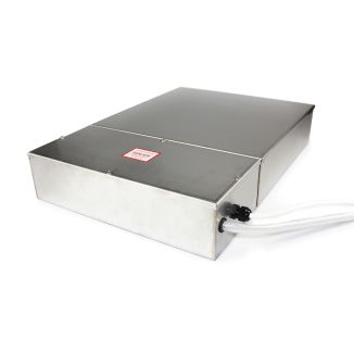 Aspen Cold Cabinet Condensate Pump, stainless steel housing with white outlet hose, designed for retail refrigeration defrost water removal. It features a robust, sleek design with an "Isolate Before Removing Lid" label and is available at AirconSpares.