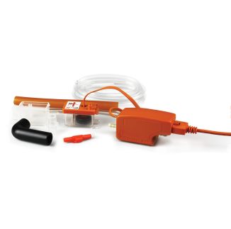 The Aspen Mini Orange Condensate Removal Pump kit is displayed on a white background. The kit includes an orange pump unit with a power cable, a transparent reservoir with a float, a black elbow connector, two red plastic fittings, a length of clear tubin