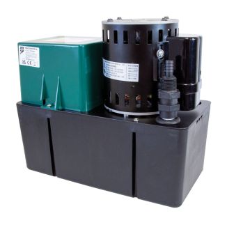 The Aspen Macerator 4L pump includes green housing with CE marking, a black motor with a visible wiring diagram, and a black cylindrical component with a barbed connector. The pump sits in a black base.