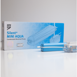 The box and components of the Silent+ Mini Aqua Condensate Removal Pump by Aspen Pumps feature a blue pump, a clear reservoir with a lid, and packaging with a plug-and-play label.