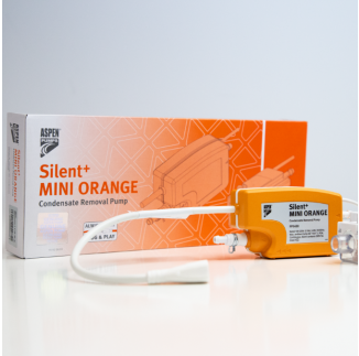 This is an image of the Silent+ Mini Orange Condensate Removal Pump (FP3430) by Aspen Pumps, featuring an orange pump unit with a white power cord and tubing, placed next to its orange and white packaging box labelled "Silent+ MINI ORANGE Condensate Remov