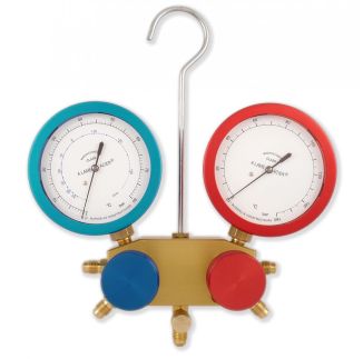 JAVAC CO2 Trans Critical 2 Valve Manifold with two 80mm oil-filled gauges, one blue for low pressure (-1 to +80 Bar) and one red for high pressure (-1 to +160 Bar), featuring a brass body, blue and red valve knobs, and a metal hanging hook.