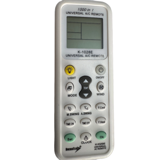 K-1028E Universal Air Conditioner Remote Control with LCD display, buttons for mode, temp, swing, timer, and light, compatible with Daikin, Samsung, LG, by DiversiTech.