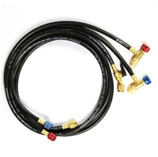 A set of three 72-inch Javac Safe Seal Charging Hoses (JAV-1071) in a circular arrangement, featuring black hoses with red, blue, and yellow fittings. The hoses are labelled with 'Javac Edge' branding and specifications, including compatibility with R134a