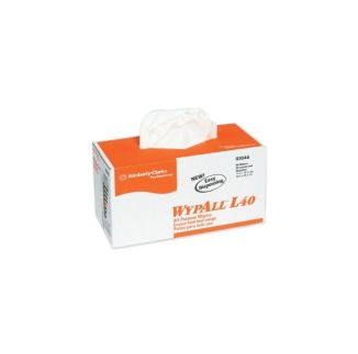 The image shows a box of WypAll L40 All-Purpose Wipers by Kimberly-Clark Professional. The box is primarily orange and white, with the product name prominently displayed. It is labeled as "New! Easy Dispensing" and contains 60 wipers, with dimensions of 1