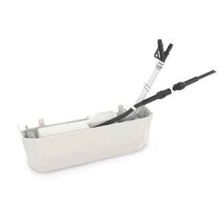 A 3D model of the Omega Pack 2 mini-split condensate pump kit, showing a compact white pump unit with attached tubes and connectors, designed for efficient condensate drainage under wall-mounted air conditioners.