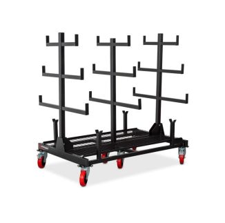 Armorgard PipeRack mobile storage solution with a black steel frame, six red castor wheels, and multiple horizontal arms for organizing pipes and conduits on construction sites.