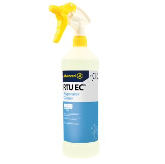 A bottle of Advanced's "RTU EC&reg; Evaporator Cleaner" is designed to remove all types of common debris and dirt, improving system efficiency. It features a biodegradable formula and comes with a yellow spray nozzle.