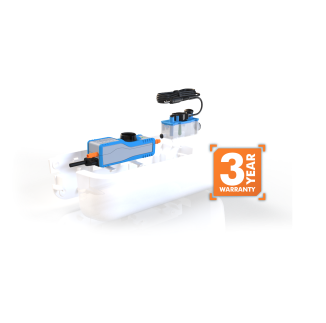 Compact blue MicroBlue condensate pump kit with slim fascia, white reservoir, tubing connections, and 3-year warranty badge, ideal for quiet, concealed HVAC installations.