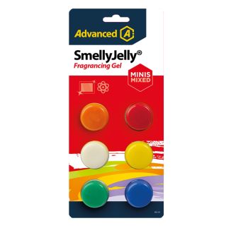 A package of SmellyJelly Minis Mixed Fragrancing Gel by Advanced Engineering, featuring six colorful gel discs in orange, red, white, yellow, green, and blue, mounted on a card with a red and multicolored design. The packaging includes the Advanced logo a
