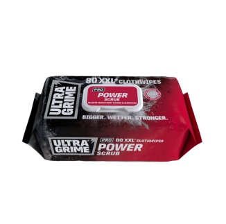 This pack of 80 UltraGrime Pro Power Scrub XXL cloth wipes is in red and black resealable packaging. It features dual-sided abrasive and smooth textures for blasting tough muck, grease, and grime from hands, surfaces, tools, and equipment. The wipes are l