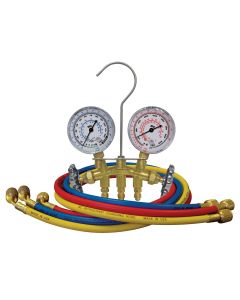 A Mastercool 33636 2-Way Brass Manifold Gauge Set with three colour-coded hoses (red, blue, yellow) coiled beneath. The set features two large 2.5-inch gauges with precise pressure readings, a brass manifold body, and a hanging hook at the top. The hoses 