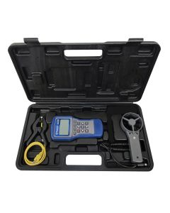 Mastercool 52255 A/C System Analyser kit in an open hard carrying case, including the blue and grey analyser with LCD display, a round vane anemometer with a coiled cable, a clamp-on thermocouple with yellow leads, and a pressure transducer with a black c