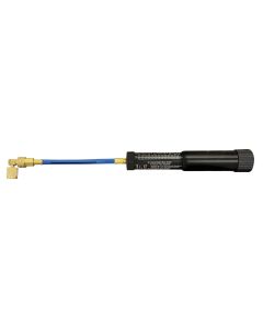 A black Mastercool 53123-A Refillable Universal Dye/Oil Injector with a blue hose, gold-colored brass fittings, and a coupler at one end, used for injecting dye or oil into A/C systems. The injector body has a label with measurement markings and usage ins