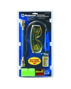 Mastercool Professional UV Leak Locator Kit (Part #53580) is blister-packed on a white cardboard backing. It features a blue hose with brass fittings, yellow UV protective goggles, a blue-handled UV flashlight, a yellow dye bottle with applicator, a silve