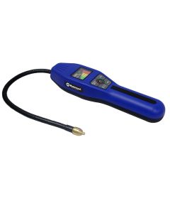 A blue Mastercool 55800 Intellasense Refrigerant Leak Detector with a black 16-inch flexible probe, featuring a gold-colored sensor tip. The device has a digital LCD display with signal level bars, sensitivity indicators, and control buttons on the keypad