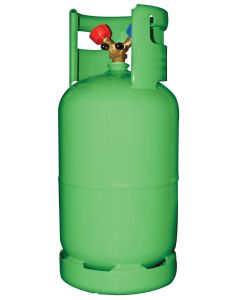 Green Mastercool 62010-EUGRN 12.5 kg Refrigerant Recovery Cylinder with 1/4" connections, featuring a 'Y' valve with red and blue caps for liquid and vapour recovery and a protective raised collar for easy handling.