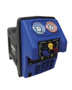 A blue and black Mastercool 69300-220 Twin Turbo Refrigerant Recovery System with a digital control panel, featuring two pressure gauges (suction and discharge), a yellow control knob, blue and red valves, and a power switch. The unit has a sturdy HDPE ca