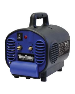 A blue and black Mastercool Mini TwinTurbo Refrigerant Recovery Machine with a top handle, featuring two brass valve connections labelled "IN" and "OUT," a power switch, a red indicator light, and ventilation slats on the sides.