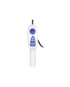 A handheld TEK-Mate Refrigerant Leak Detector with a white body and blue accents, featuring the JAVAC logo. It has a blue power button, three control buttons, and a flexible black sensor probe extending from the top.