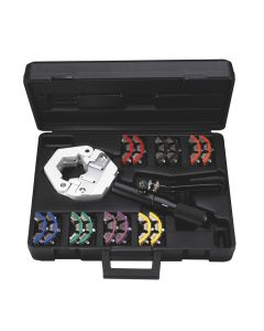 Mastercool 71500 Hydra-Krimp A/C Hose Crimper kit in an open black plastic case, showcasing the hydraulic crimper with a red die set attached, a black handle, and seven colour-coded die sets (Purple, Red, Yellow, Green, Black, Orange, Blue) neatly arrange