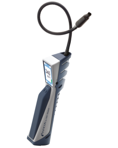 Handheld Javac D-TEK Stratus Refrigerant Leak Detector with a flexible probe, featuring an LCD display showing a reading of 345 ppm. The device has a blue and white ergonomic design with the Inficon logo on the handle.