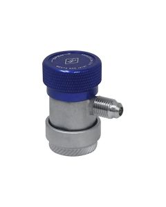 Blue Mastercool R134a Manual Coupler has a metallic body, a threaded side connector, and a knurled base for secure connection to air conditioning service ports.